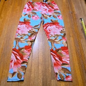 NWT Agnes & Dora Women‎ S/M (4-12) Sky Blue Pink Floral Soft Leggings AD0189